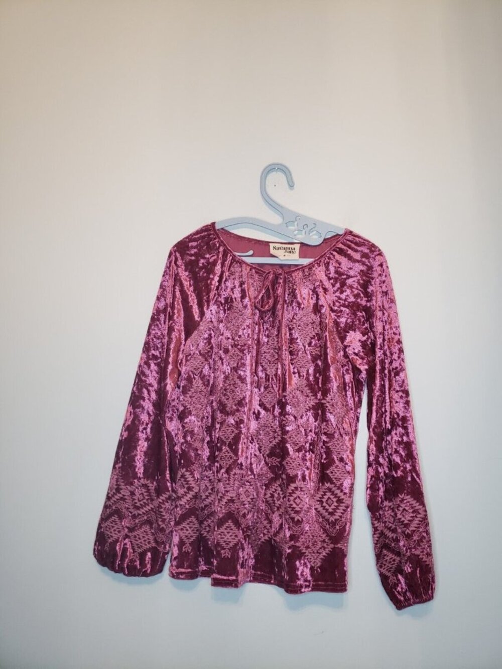 Savanna Jane Womens M Blouse Long Sleeve Velour Pink Aztec Embroidery Boho